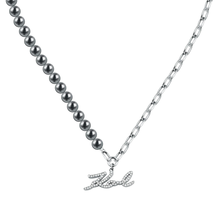Дамско колие Karl Lagerfeld Pearl с асиметричен дизайн, тъмносиви перли и стоманена верижка – модел KLAYR02, детайлен изглед