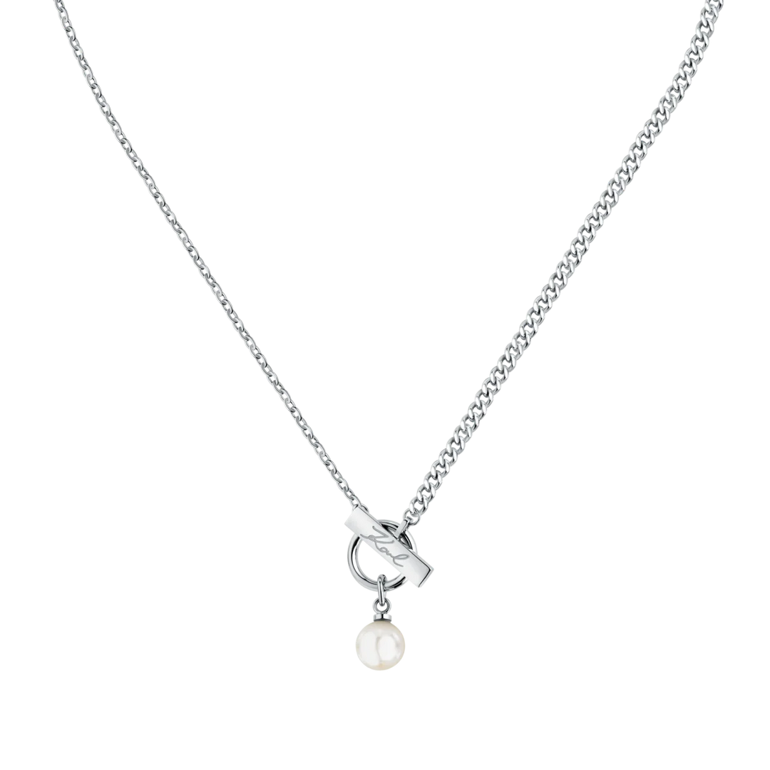 Дамско колие Karl Lagerfeld Pearl със сребриста стоманена верижка и висяща бяла перла – модел KLAYR05