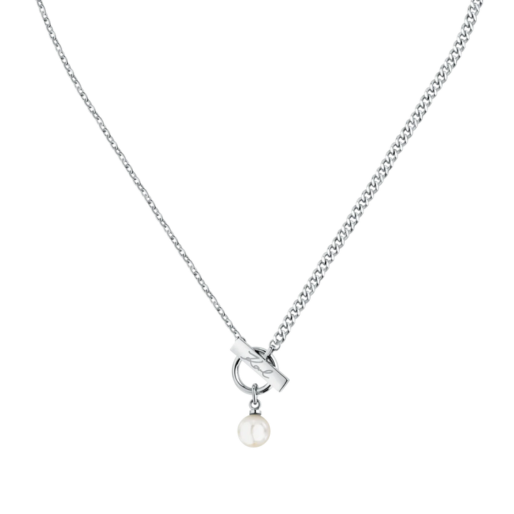 Дамско колие Karl Lagerfeld Pearl със сребриста стоманена верижка и висяща бяла перла – модел KLAYR05