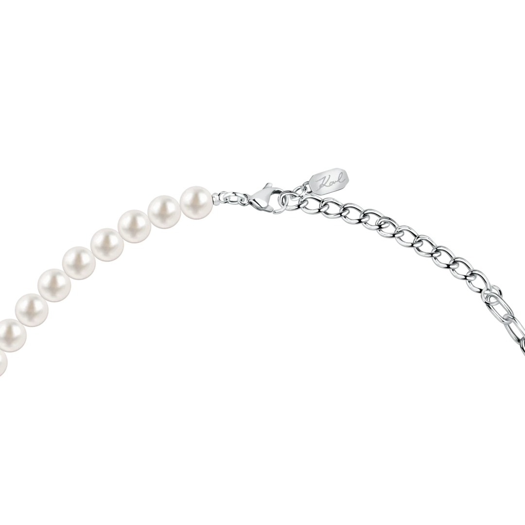 Дамско колие Karl Lagerfeld Pearl, детайл на перлите, стоманената верижка и регулиращото се закопчаване 40–45 см – модел KLAYR03