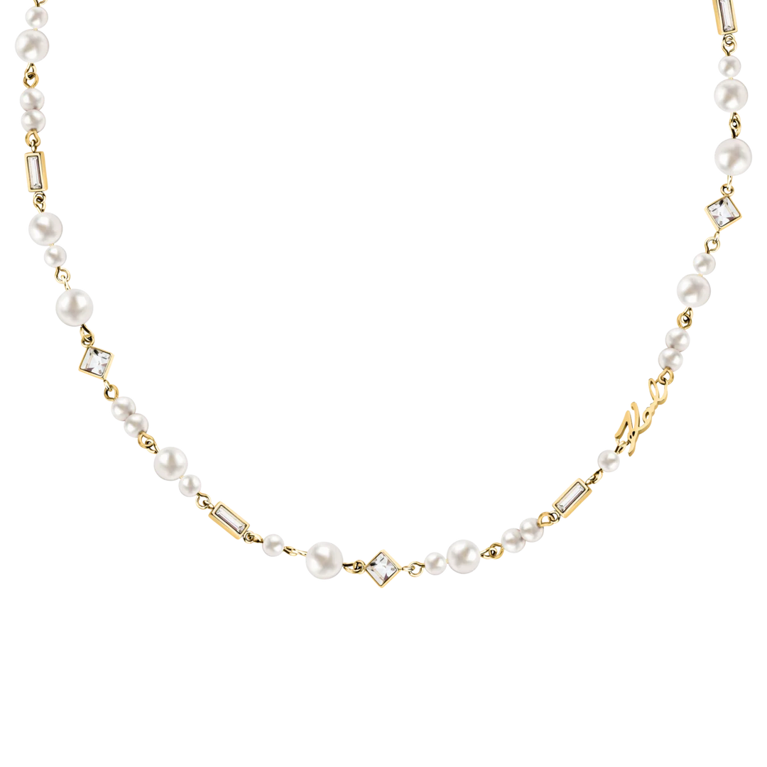 Дамско колие Karl Lagerfeld Pearl със златисто IP покритие, бели перли и кристали – модел KLAYR17, детайлен изглед