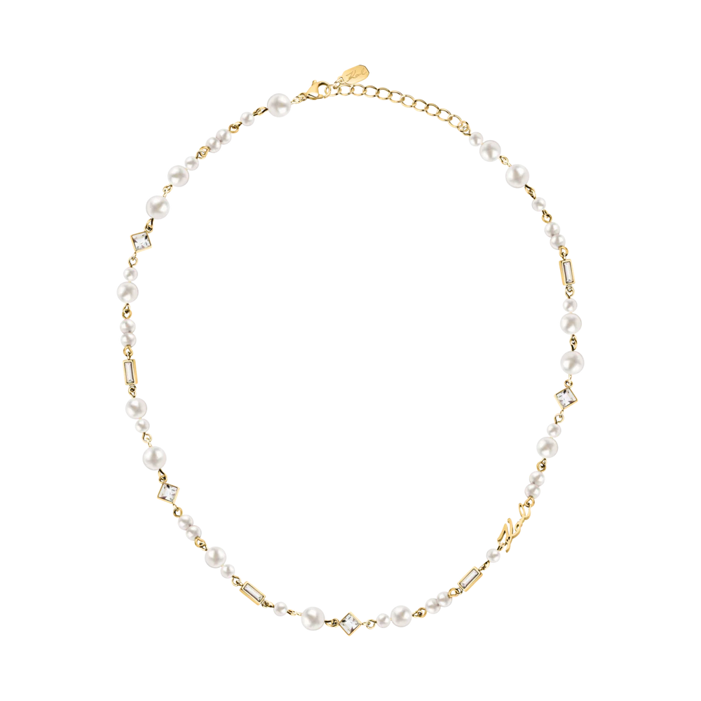 Дамско колие Karl Lagerfeld Pearl от златисто покрита стомана с перли и кристали по цялата дължина – KLAYR17, пълен изглед
