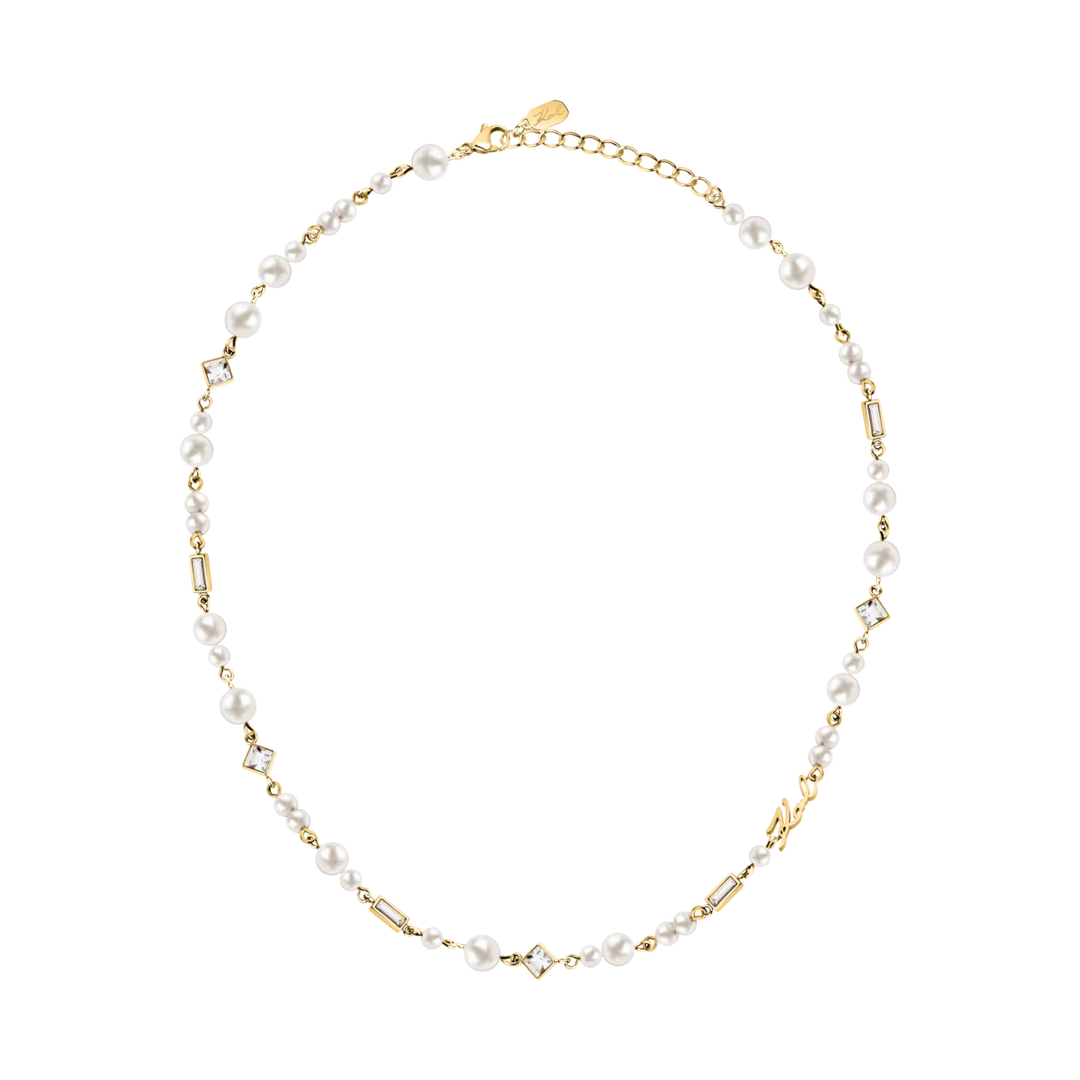 Дамско колие Karl Lagerfeld Pearl от златисто покрита стомана с перли и кристали по цялата дължина – KLAYR17, пълен изглед