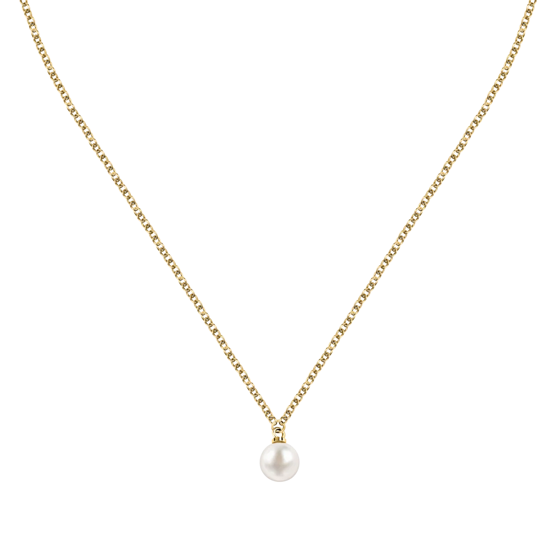 Дамско колие Karl Lagerfeld Pearl, златиста стоманена верижка и бяла перла – модел KLAYR18, изглед отпред