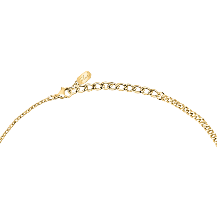 Дамско колие Karl Lagerfeld Pearl, детайл на златистата верижка с карабинка и малък елемент с логото Karl – модел KLAYR12