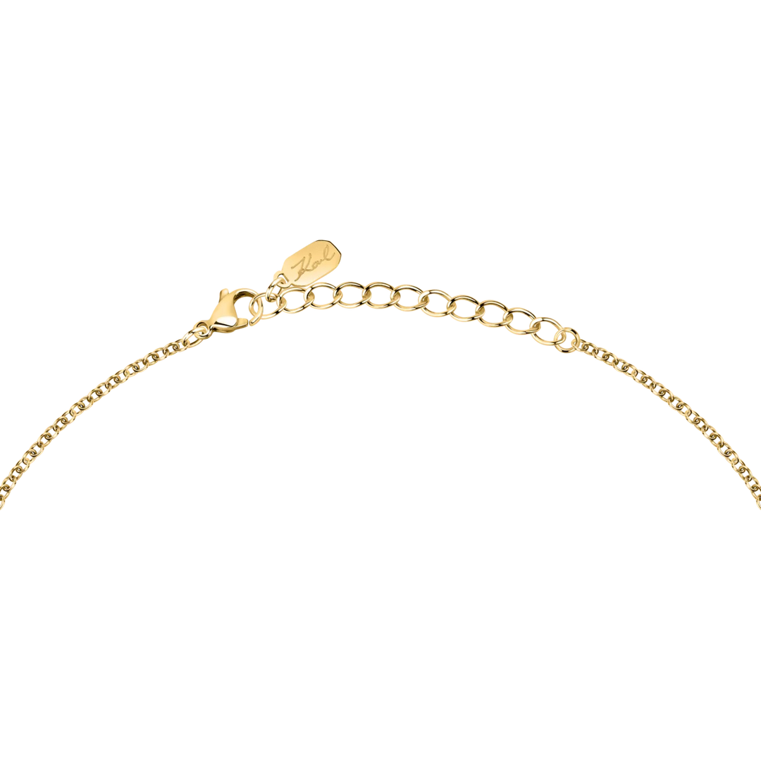 Дамско колие Karl Lagerfeld Pearl, детайл на златистата верижка с карабинка, удължител и плочка с логото Karl – модел KLAYR18