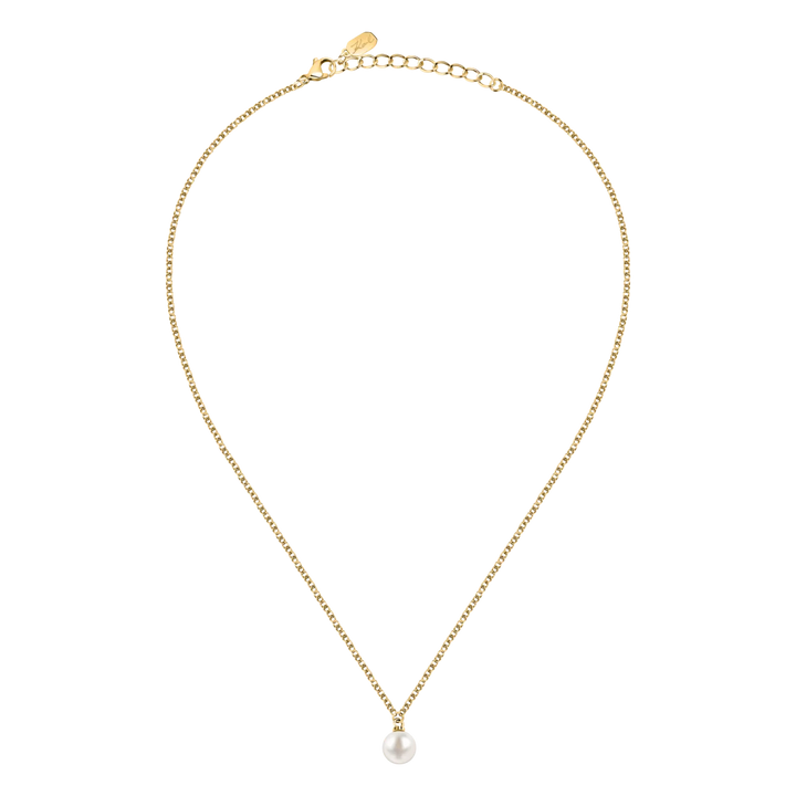 Дамско колие Karl Lagerfeld Pearl, пълен изглед на златистата верижка с висяща перла и дължина 40–45 см – модел KLAYR18