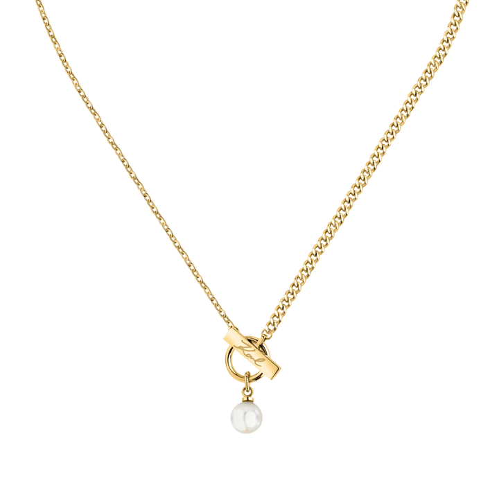 Дамско колие Karl Lagerfeld Pearl, златиста стоманена верижка и бяла перла отпред – модел KLAYR12