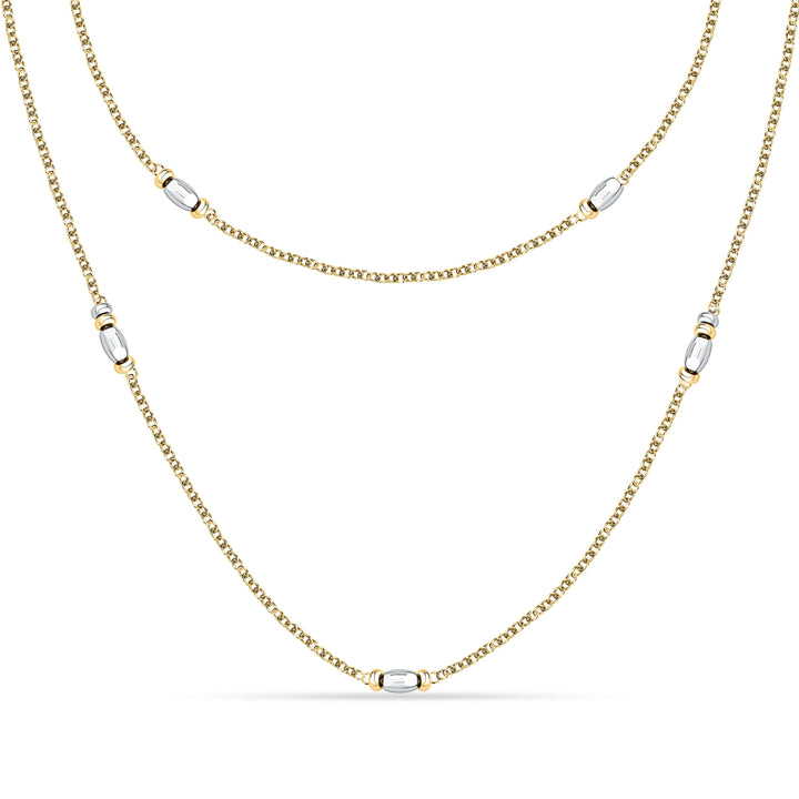 Стилно дамско колие от стомана със златно PVD покритие, декорирано с бели  цилиндрични елементи. SAXQ02