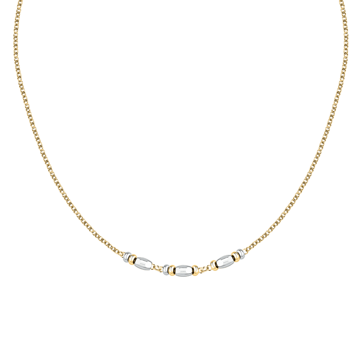 Стилно дамско колие от стомана със златно PVD покритие, декорирано с бели  цилиндрични елементи. SAXQ06