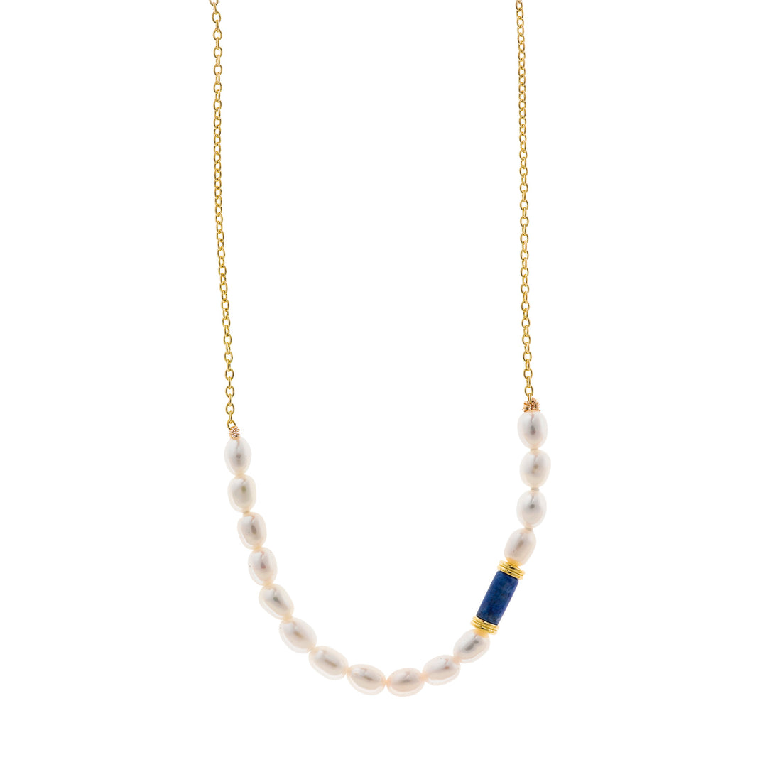 Дамско колие със сладководни перли и камък Лапис лазули
