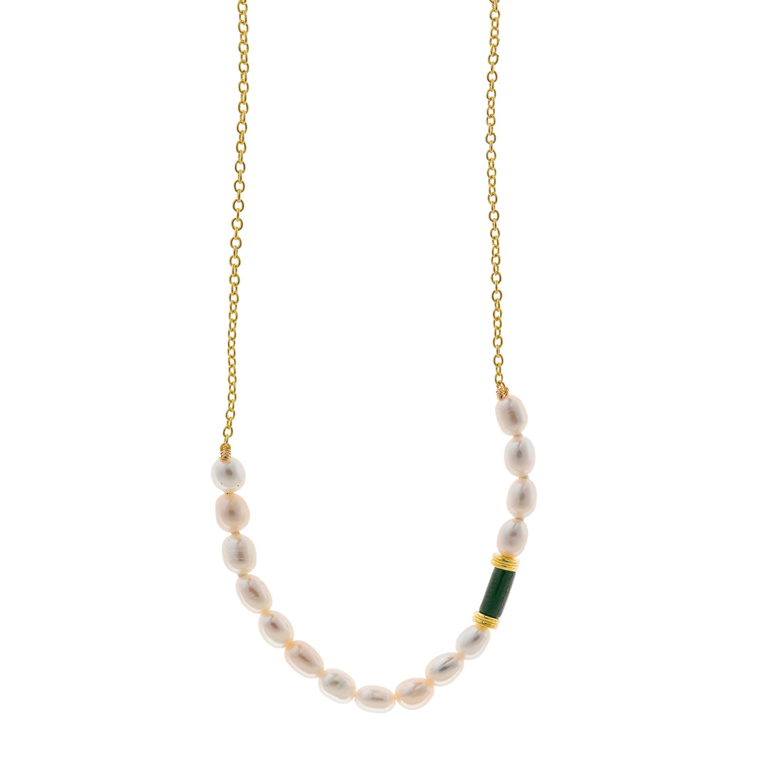 Дамско сребърно колие със сладководни перли и Малахит. 272C0057