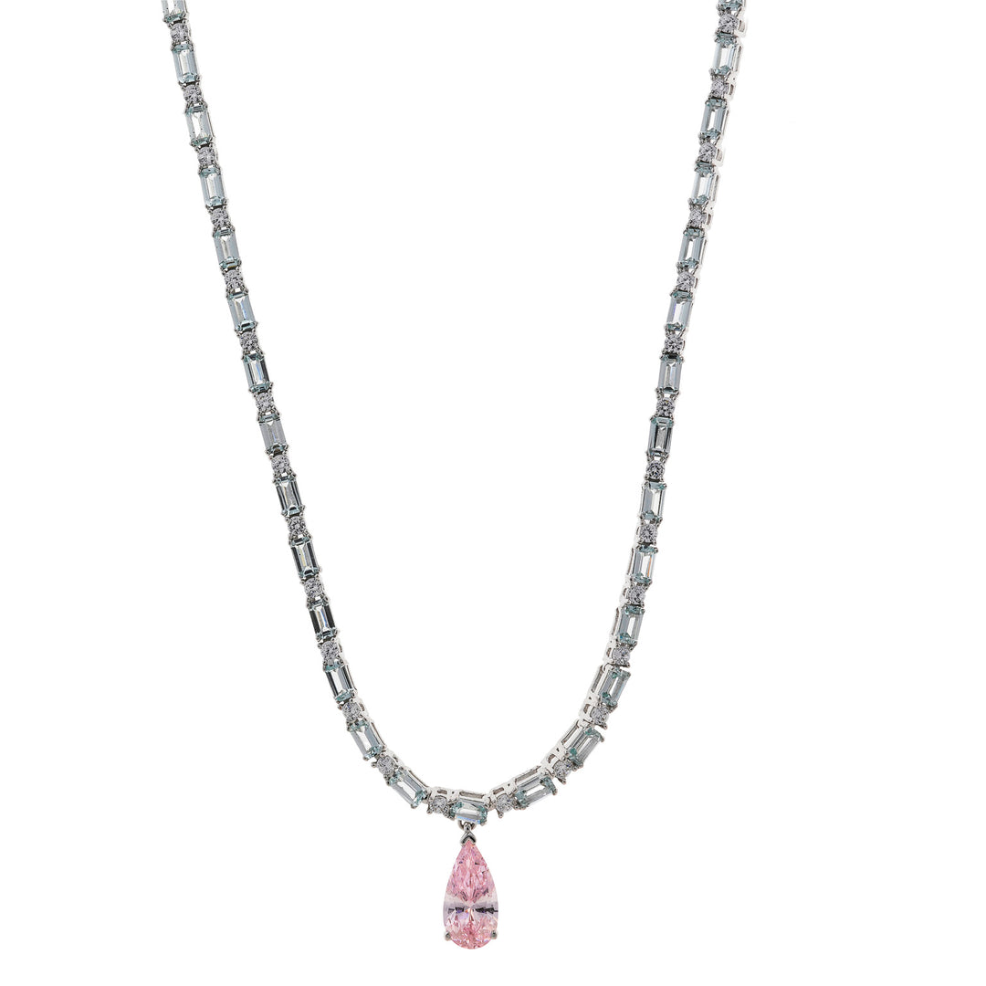 Дамско тенис колие изработено от сребро с розови и светло зелени циркони. 