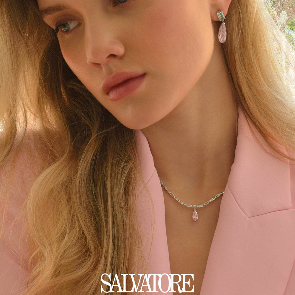 Елегантно сребърно колие с розови и зелени циркони. 136C0414