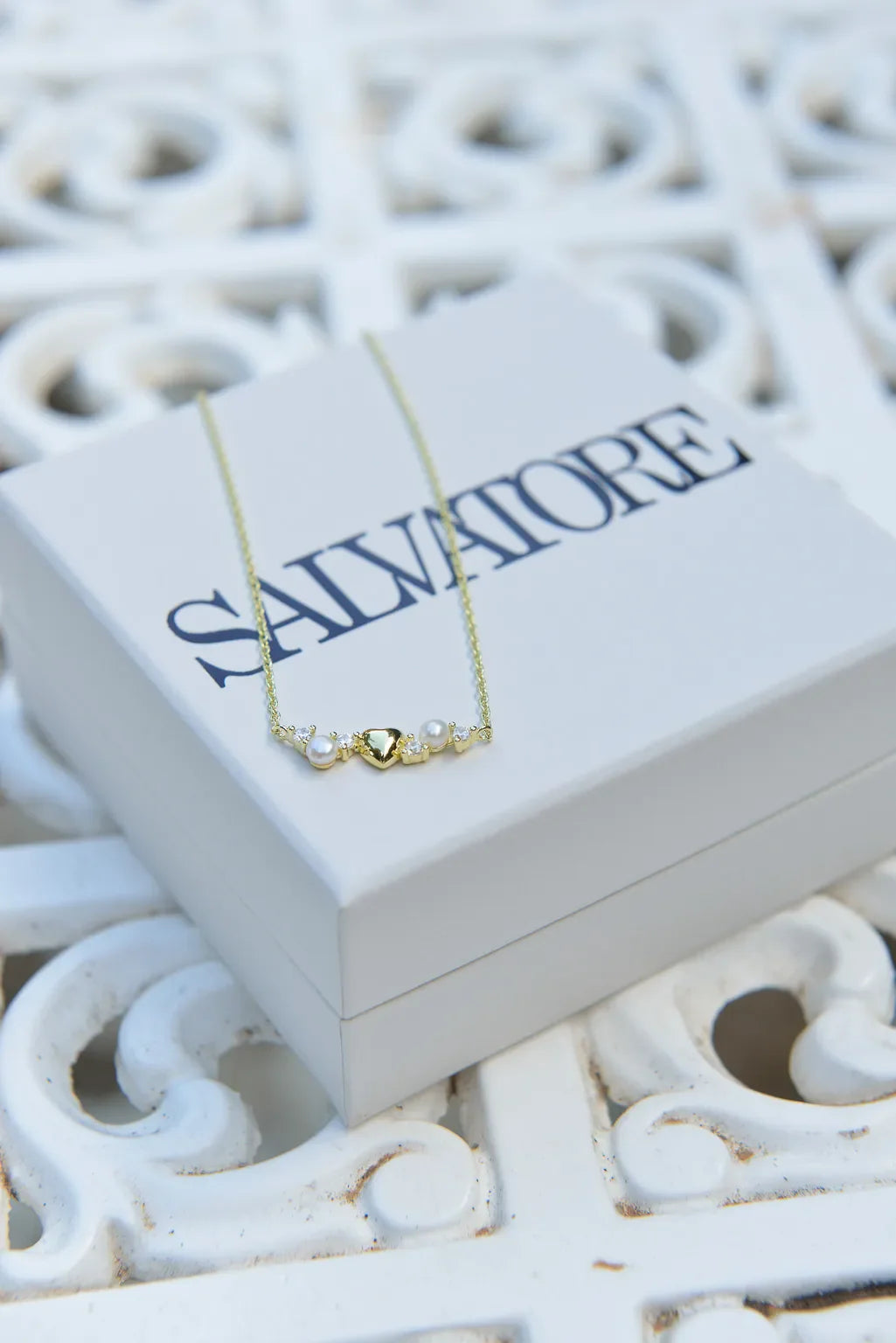 Колие Salvatore Plata в кутия върху декоративна бяла мебел.