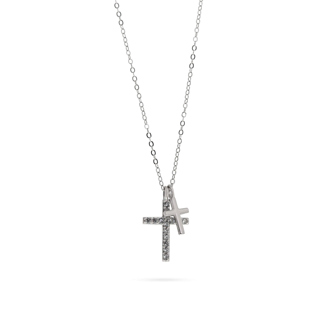 Дамско сребърно колие с две кръстчета. Едното с инкрустирано с циркони.