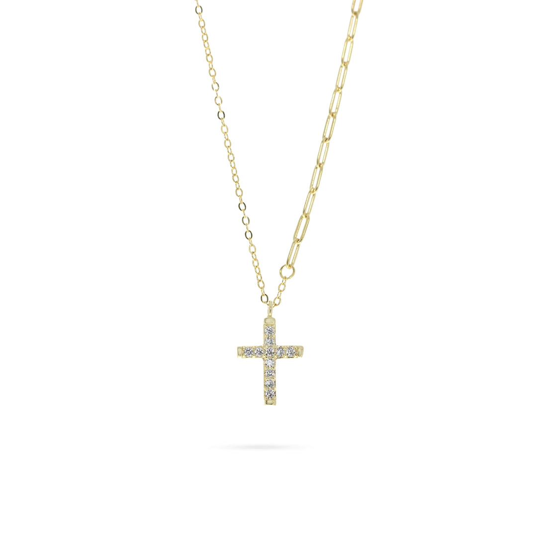 Дамско сребърно колие със златно покритие и инркустирани циркони. Форма на кръст