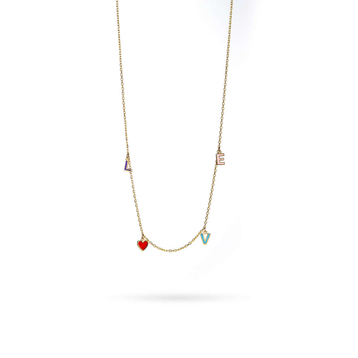 Дамско златно колие с надпис Love от цветен емайл.