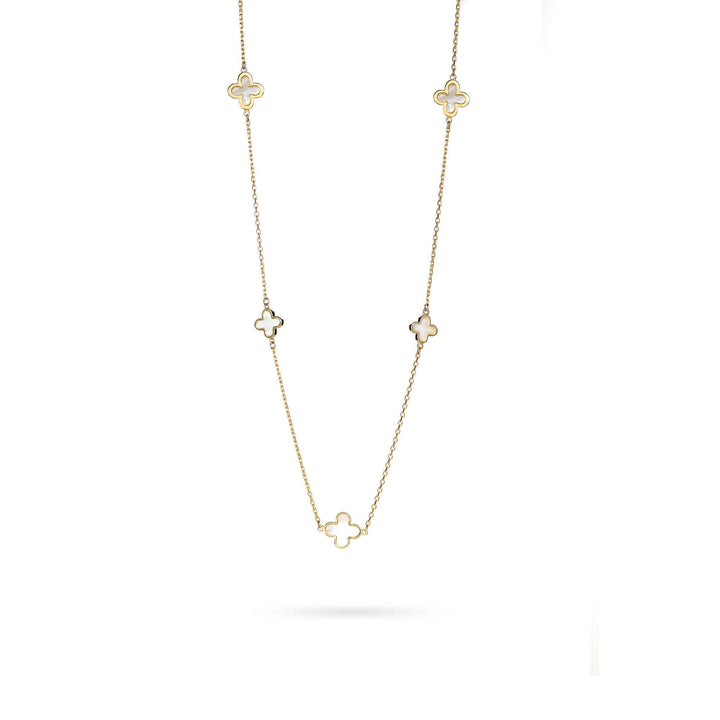 Елегантно дамско златно колие с пет седефени детелини.