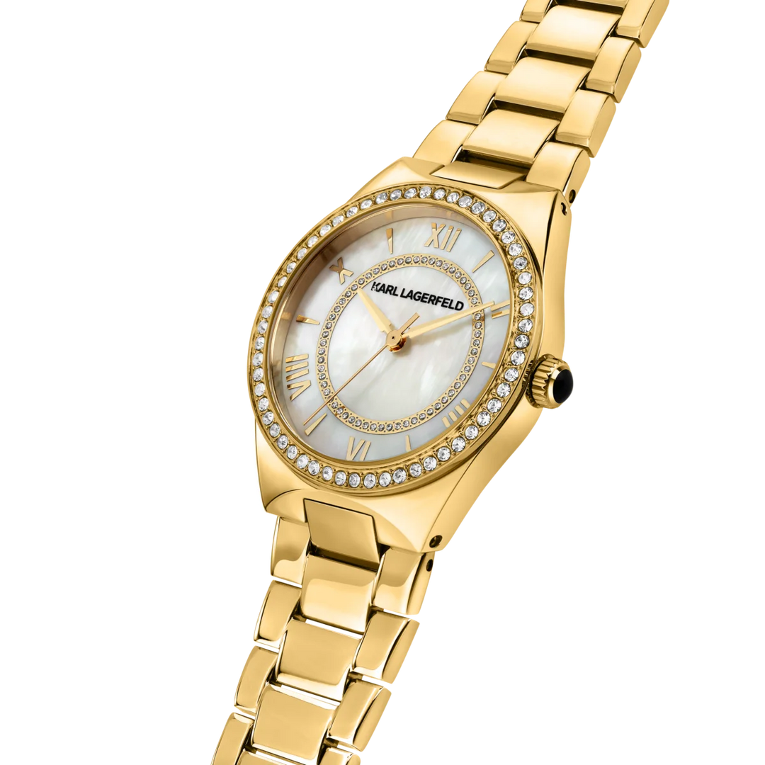 Детайл на бял перлен циферблат с кристали на дамски часовник Karl Lagerfeld Hamburg – часовник Karl Lagerfeld R0553105501
