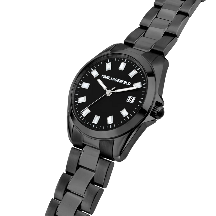 Детайл на черен циферблат с кристални индекси и дата на дамски часовник Karl Lagerfeld Round Essentials – часовник R0553101513