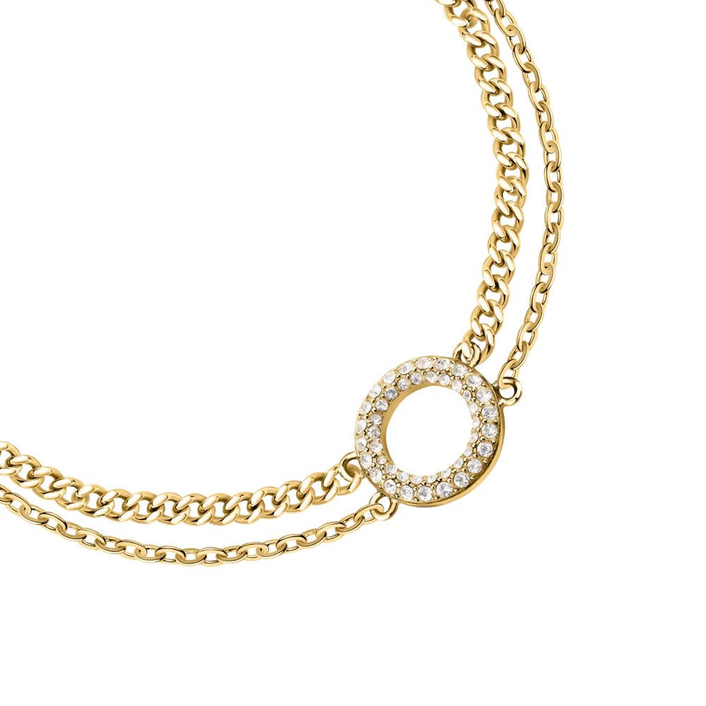 Детайлен изглед на дамска гривна Karl Lagerfeld Crystals с кръгъл медальон, обсипан с бели кристали – KLAYC56