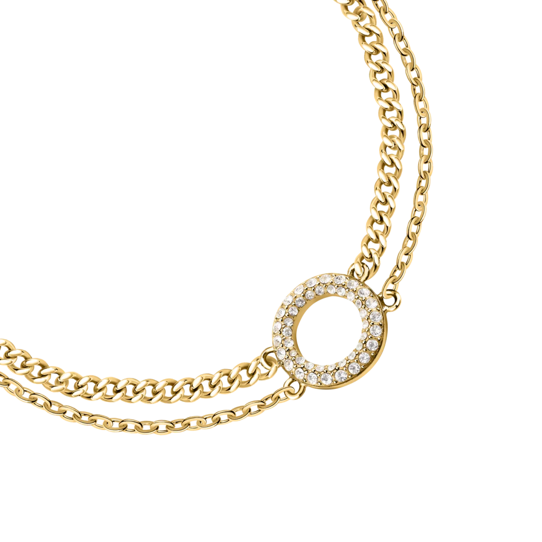 Детайлен изглед на дамска гривна Karl Lagerfeld Crystals с кръгъл медальон, обсипан с бели кристали – KLAYC56