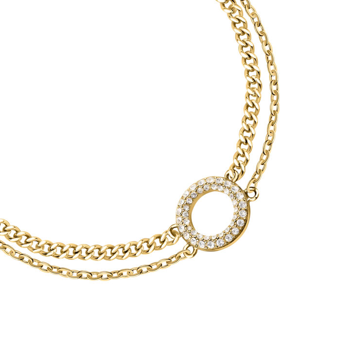 Детайлен изглед на дамска гривна Karl Lagerfeld Crystals с кръгъл медальон, обсипан с бели кристали – KLAYC56