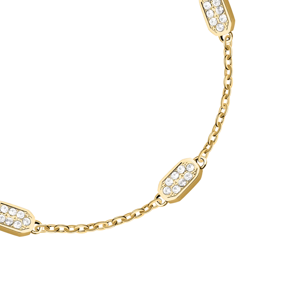 Детайлен изглед на дамска гривна Karl Lagerfeld Crystals с правоъгълни плочки, обсипани с бели кристали – KLAYC60