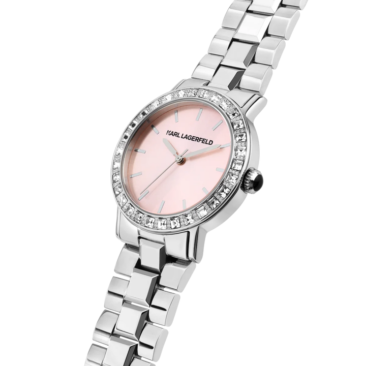 Детайл на розовия циферблат и безела с кристали на дамски часовник Karl Lagerfeld Crystals – часовник R0553100512