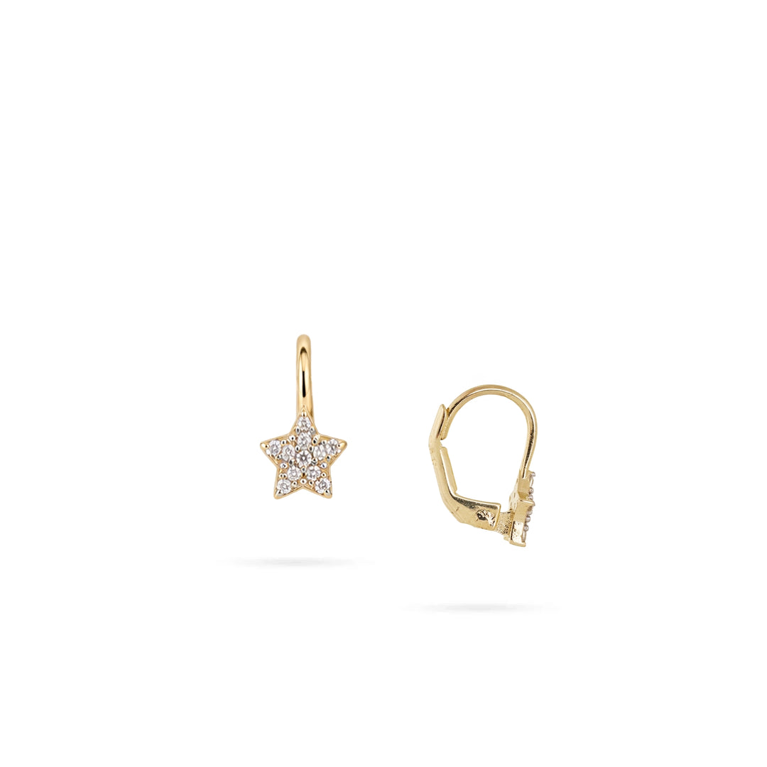 14K Children's Gold Star Earrings with Stones by Senso Gold, on a white background