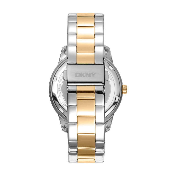 Гръб на дамски часовник DKNY Chambers Multi Glitz – двуцветна стоманена верижка и сгъваема закопчалка, часовник DKNY модел DK1L056M0065