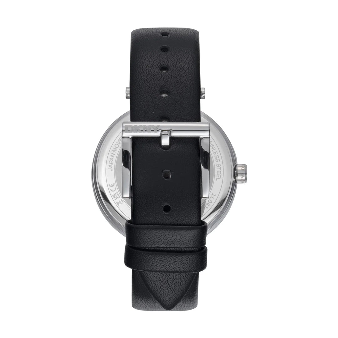 Гръб на дамски часовник DKNY Logo – черна кожена каишка с класическа тока, модел DK1L041L0015