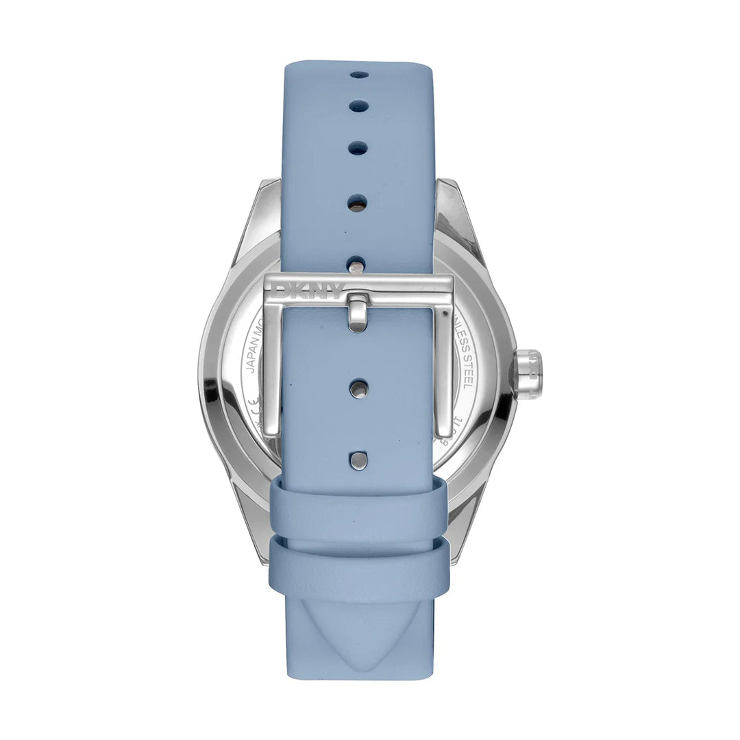 Гръб на дамски часовник DKNY Nolita Sport – синя кожена каишка с класическа тока 18–16 мм, модел DK1L028L0015