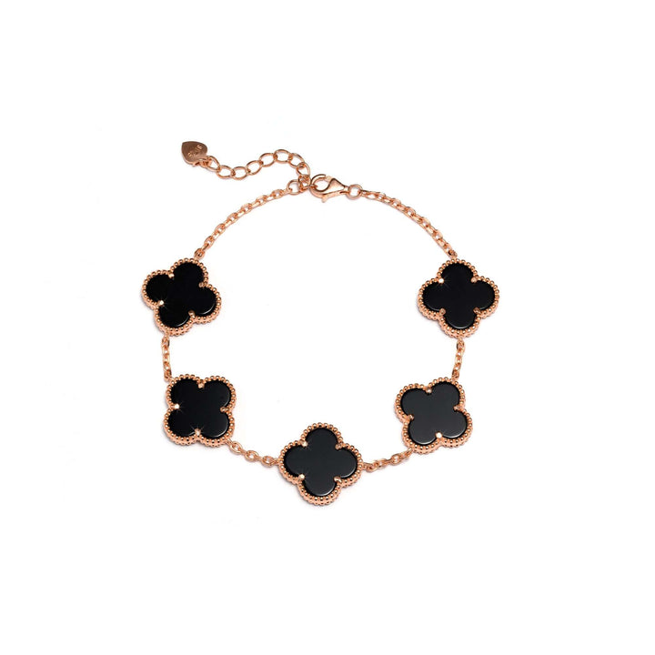 Сребърна гривна с розово златно покритие и пет детелини от черен оникс