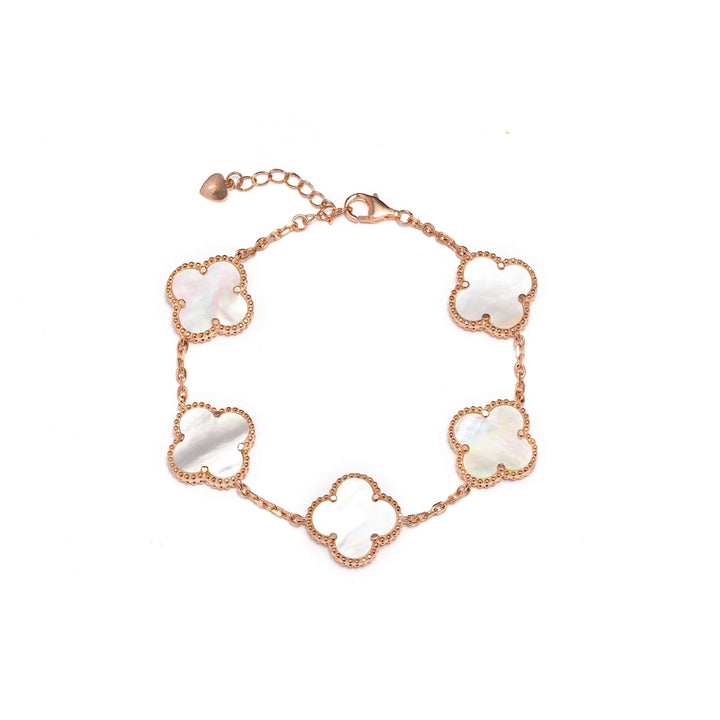 Сребърна гривна с розово златно покритие и пет детелини от Седеф.