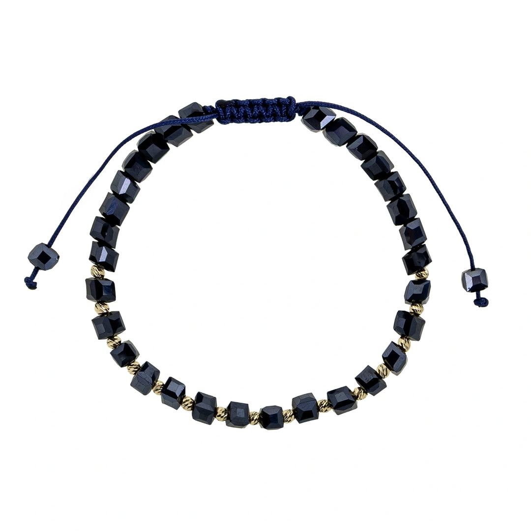 Гривна с черен конец и тъмно сини мъниста. Злато 14К.