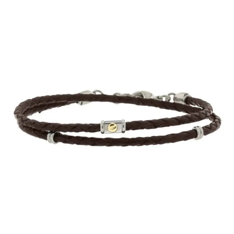 Мъжка гривна от стомана с двойно увита кафява кожа и 18K златен винт