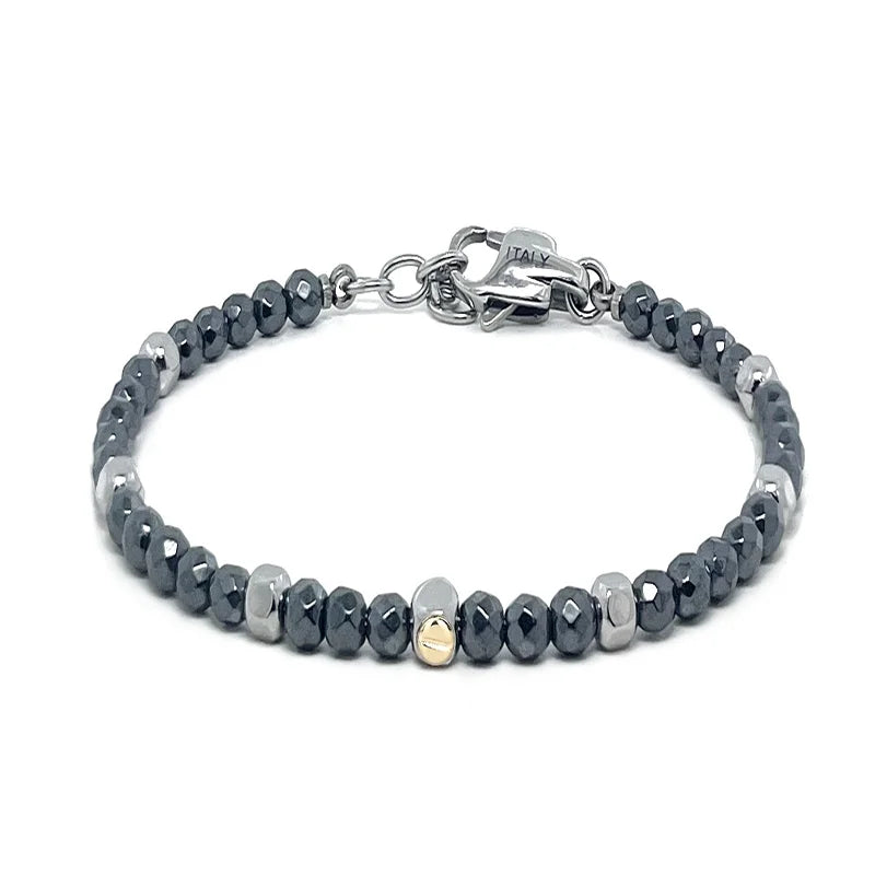 Мъжка гривна от стомана с хематит и централен винт от 18K злато