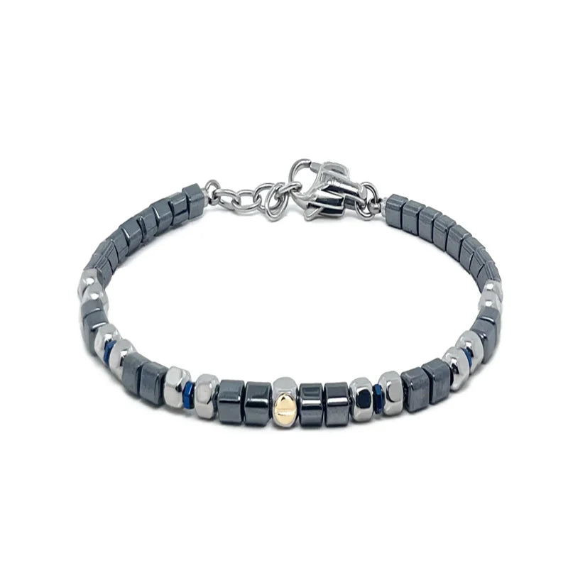 Мъжка гривна от стомана с хематит и централен винт от 18K злато