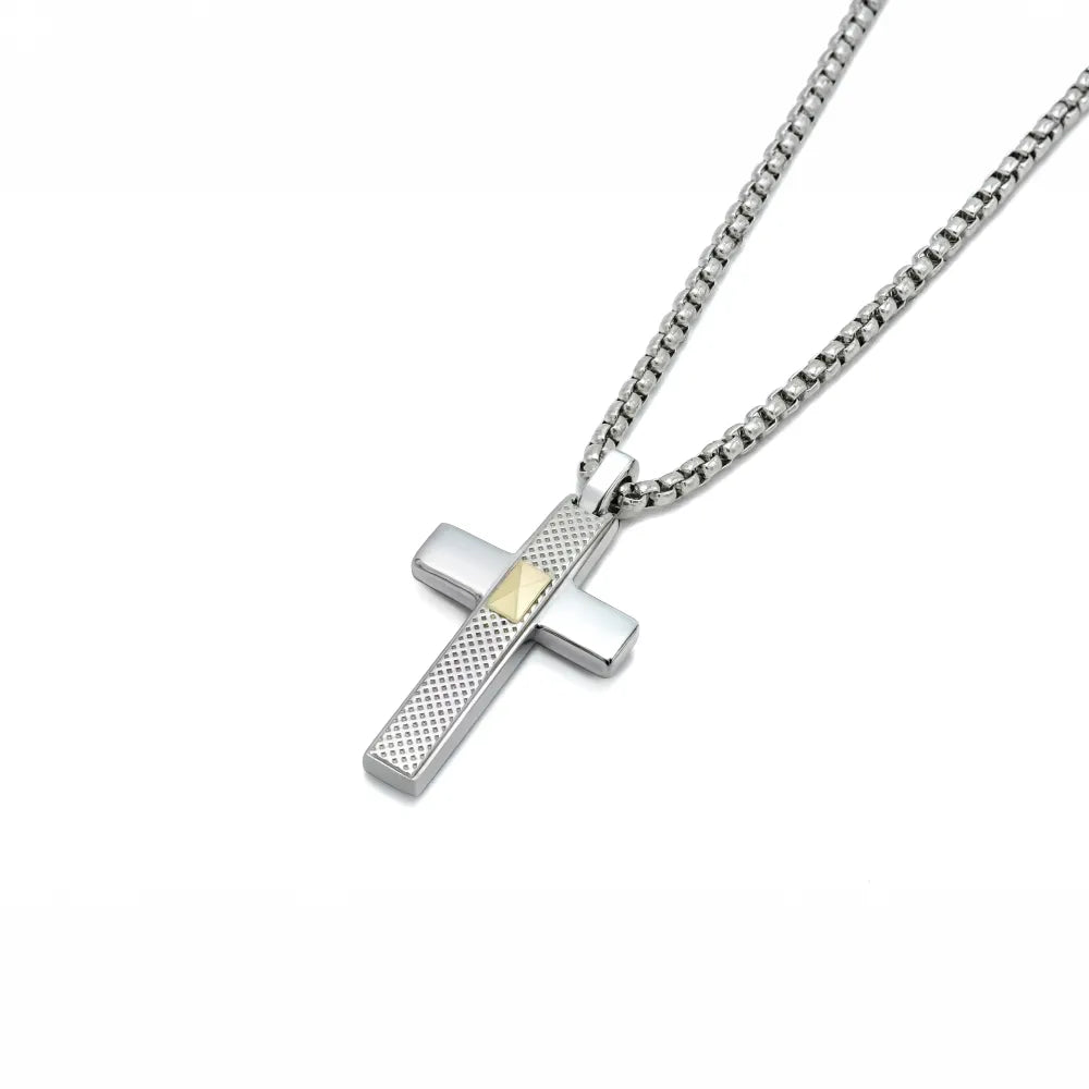 Мъжко колие от стомана с кръст, рифелована плочка и 18K злато
