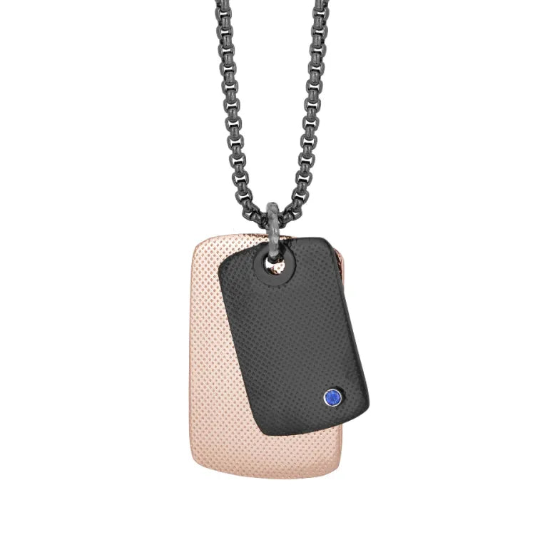 Мъжко колие от стомана с рифелована черна PVD плочка и сапфир 0,032 ct