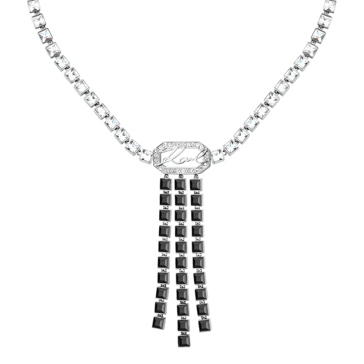 Дамско колие Karl Lagerfeld Crystals от сребриста стомана с бели кристали и черен кристален пискюл – модел KLAYC02, детайлен изглед