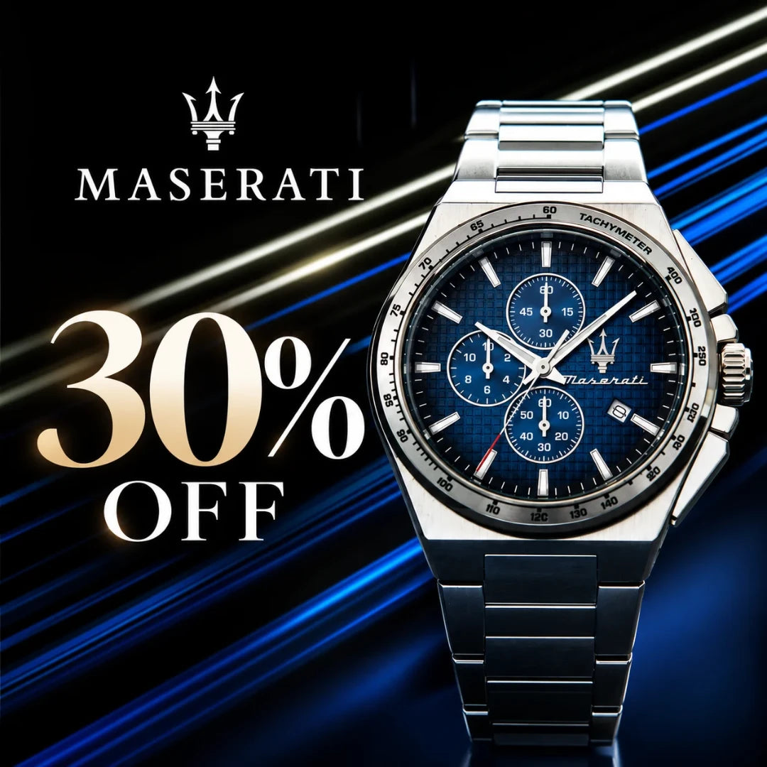 Maserati watches with 30% off – a watch with a blue dial and metal bracelet.