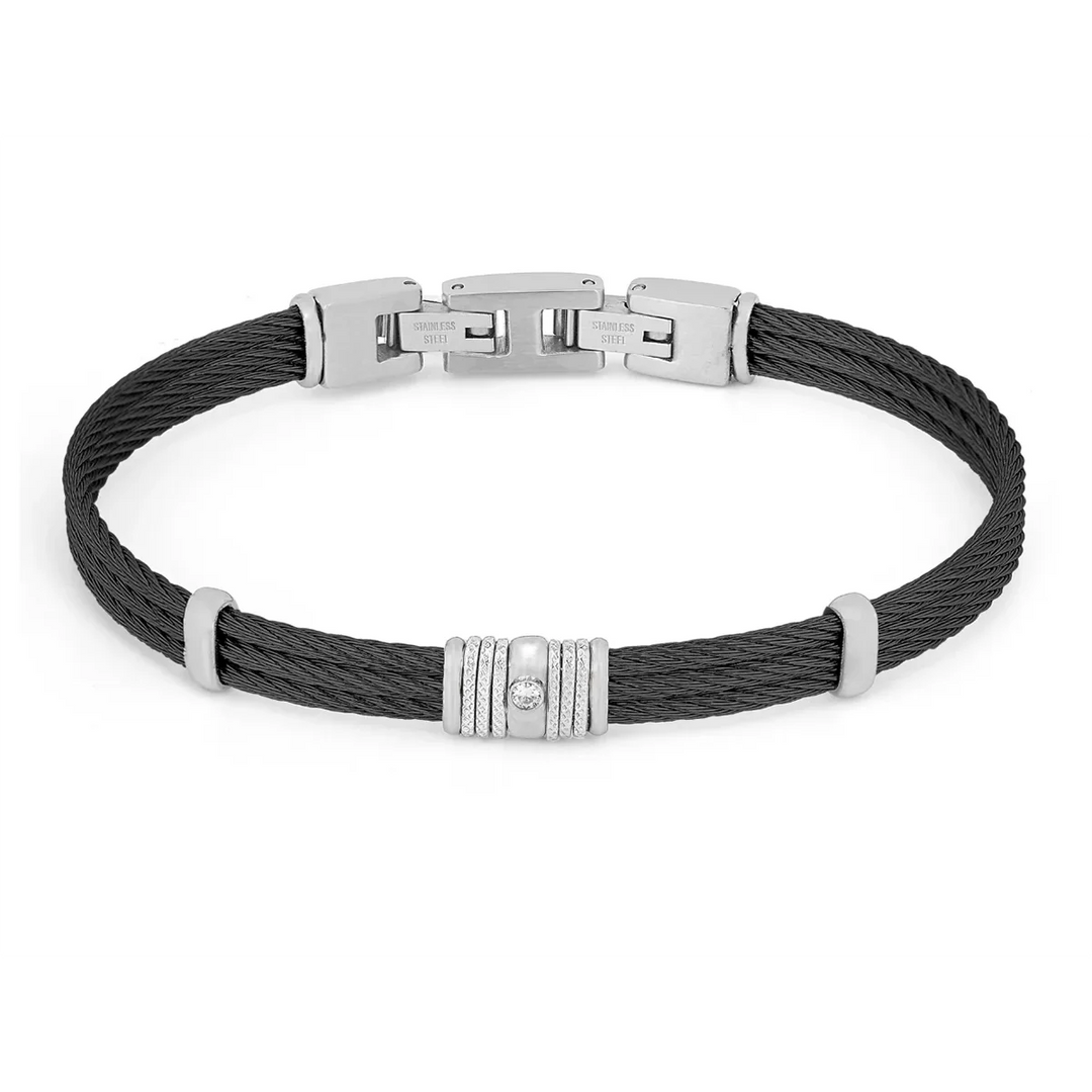 Мъжка гривна H2on от стоманен кабел с черно PVD покритие и естествен диамант 0.015 ct – модел HO051-3D