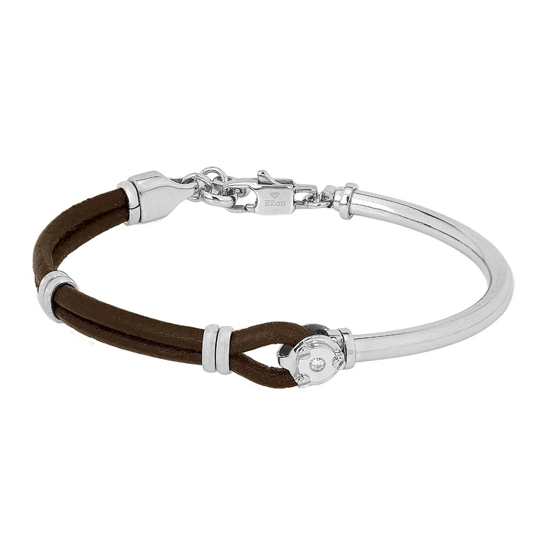 Мъжка полутвърда гривна H2on с кафява италианска кожа и естествен диамант от неръждаема стомана 316L – модел HO050-1DM