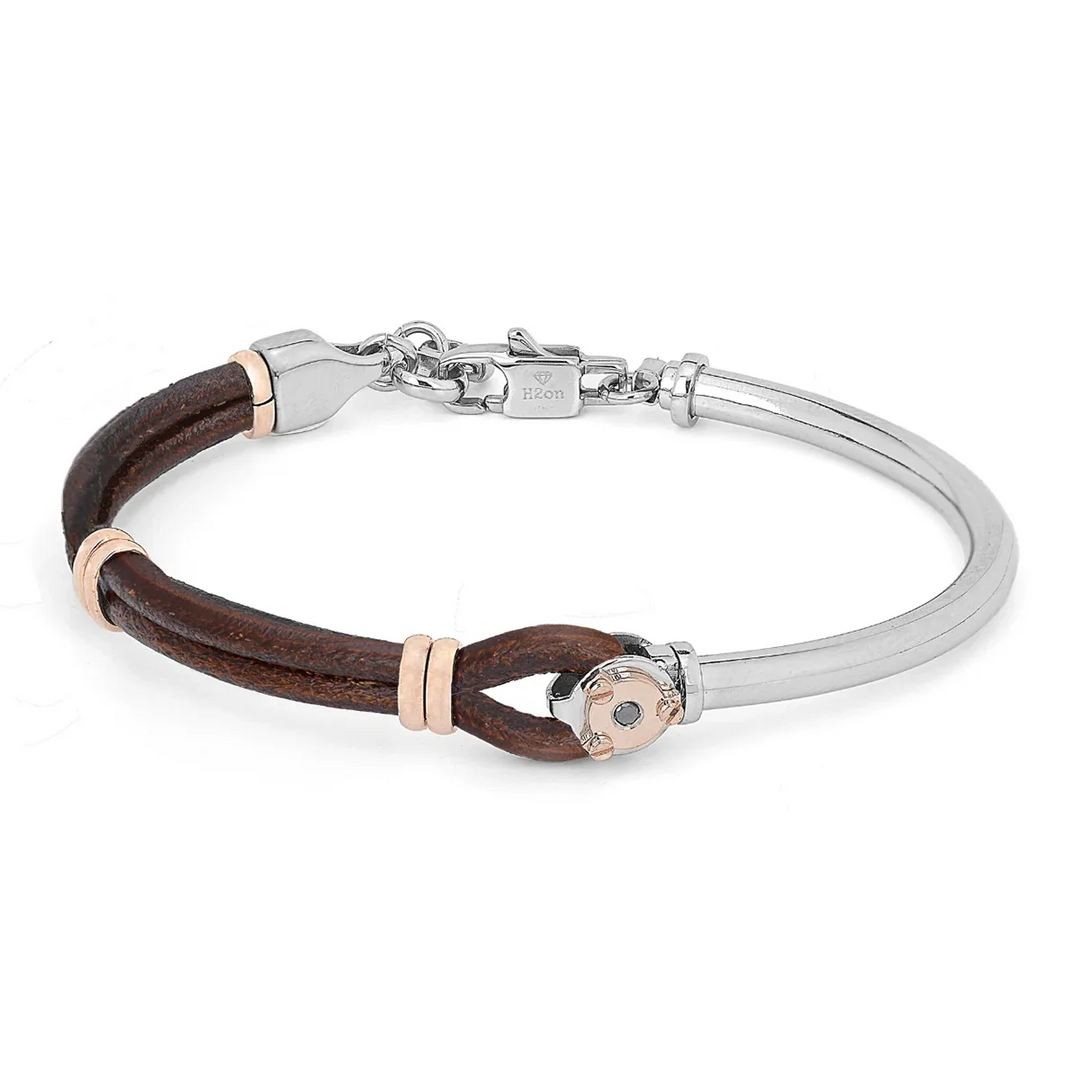 Мъжка гривна от стомана и кафява кожа с черен диамант 0.025 ct – H2on модел HO050-1M