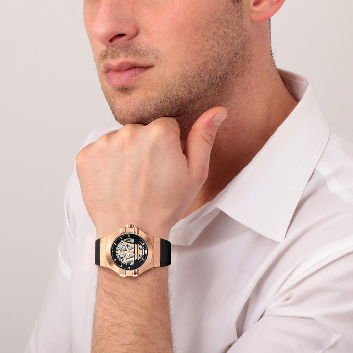 Стилен мъжки часовник Maserati с розово златно PVD покритие и автоматичен механизъм.