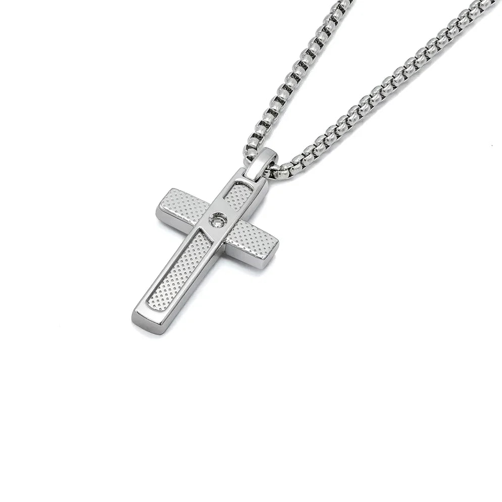 Мъжки пендант кръст H2on с рифелована текстура и естествен диамант от неръждаема стомана 316L – модел HO068-CR3