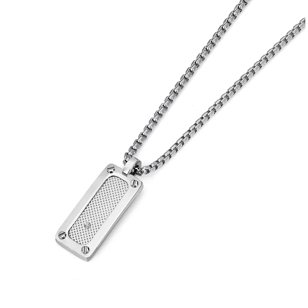 Мъжки пендант медальон H2on с рифелована пластина, декоративни винтове и естествен диамант – модел HO068-ME